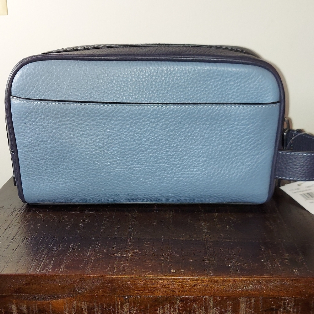 Coach Leather Travel Toiletry Organizer Makeup Hair Cosmetics Small Blue Bag - Picture 2 of 16